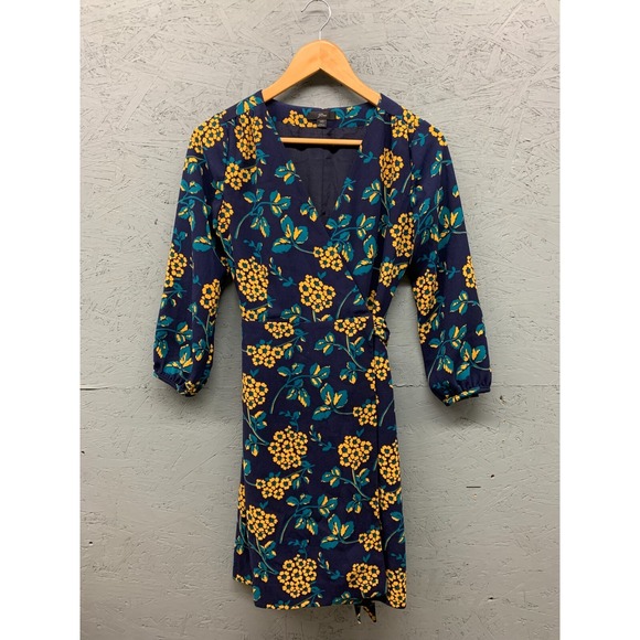 J. Crew Dresses & Skirts - J.Crew Wrap Dress 00 Navy Yellow Floral 3/4 Sleeve Mini V Neck Women's Polyester